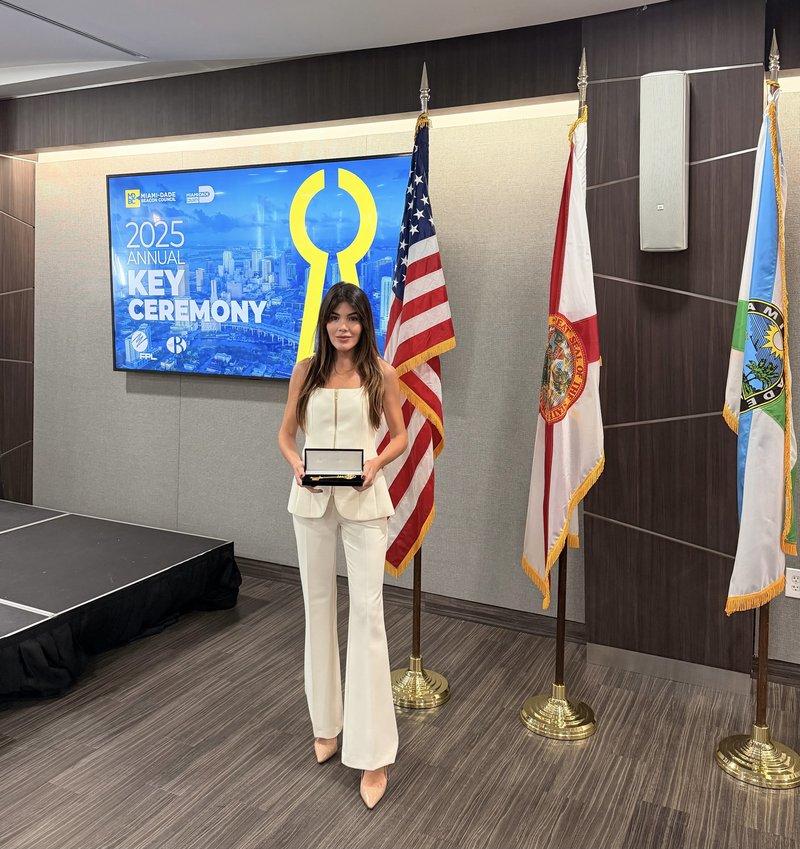 Laura Mateo Cuadrado receiving the Key to the City of Miami at the 2025 Annual Key Ceremony